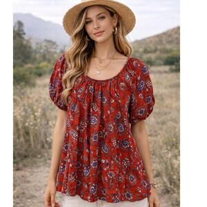 The Korner XS Red Floral Babydoll Top Short Puff Sleeve Boho Hippie Peasant